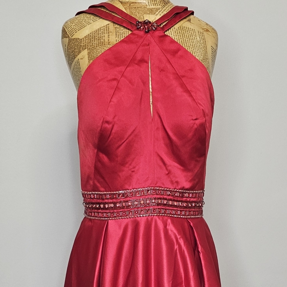 Rachel Allan Red Halter Ball Gown w/ Beaded Waist & Crisscross Back Sz 10